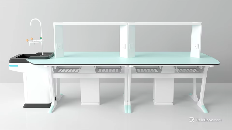 Functional Desk With White Frame Light Blue Countertop Faucet And Storage Shelves 3d model 