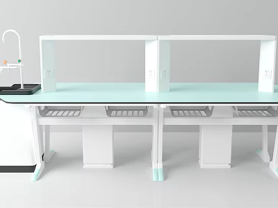 Functional Desk With White Frame Light Blue Countertop Faucet And Storage Shelves 3d model