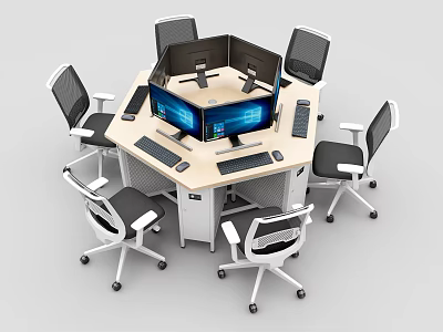 Hexagonal Office Desk With Ergonomic Office Chairs Multiple Computer Monitors Keyboards And Mice 3d model