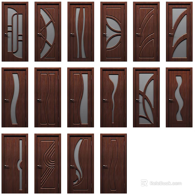Wooden Hinged Doors With Various Glass Panel Designs And Carved Patterns 3d model