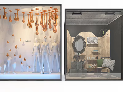 Stylish Shop Window Display With Mannequins Golden Droplets Wooden Walls Round Mirror And Green Cushions 3d model
