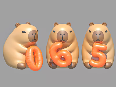 Cute Inflatable Cartoon Capybara Models Holding Orange Numbers 0 6 5 with Light Brown Body 3d model