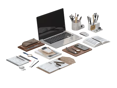 Laptop With Office Supplies Notebook Mouse Pens And Papers On Workspace 3d model