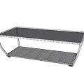 Modern Minimalist Coffee Table With Black Glass Top And Metal Frame And Woven Lower Shelf