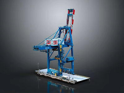 Blue Industrial Gantry Crane With Red Lifting Arm And Platform Structure 3d model