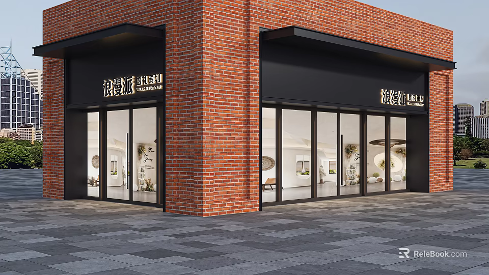 Red Brick Storefront Exterior Design With Black Facade Glass Doors And Large Windows 3d model 