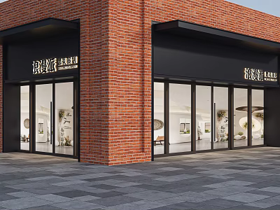 Red Brick Storefront Exterior Design With Black Facade Glass Doors And Large Windows 3d model