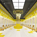 Shopping Mall Store Interior With Yellow White Design Neatly Arranged Shops Central Circular Structure And Skylight Ceiling
