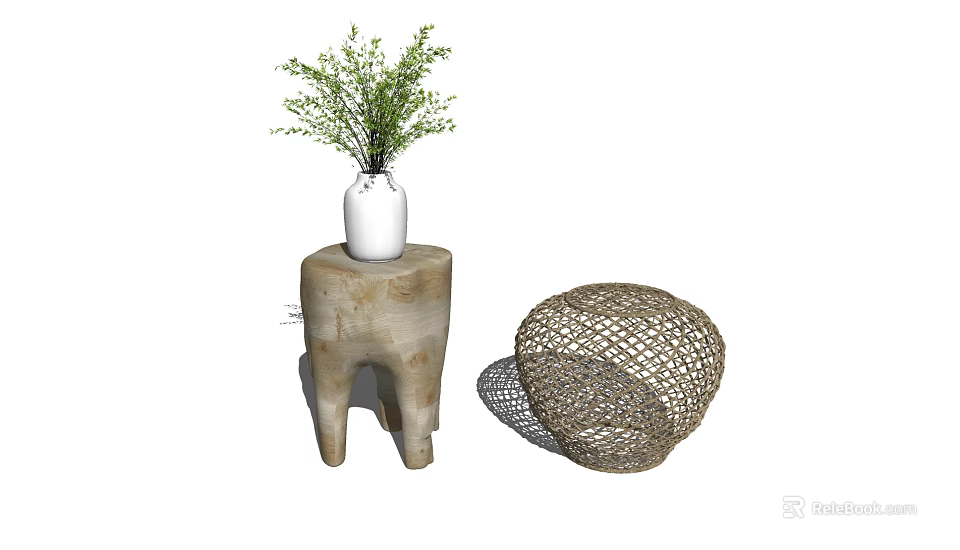 Natural Rustic Plant Stand With White Vase Green Plant And Woven Stool 3d model 