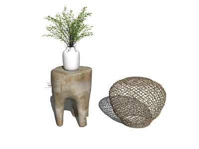 Natural Rustic Plant Stand With White Vase Green Plant And Woven Stool 3d model