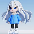 Cute Cartoon Girl With White Hair Blue Eyes Wearing Blue Puffer Jacket In Snowy Background