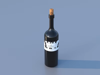 Black Wine Bottle With Cork Stopper And Black White Label On Blue Background 3d model