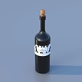 Black Wine Bottle With Cork Stopper And Black White Label On Blue Background