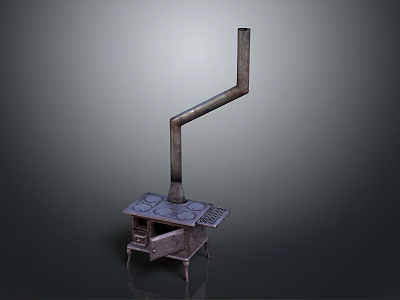 Vintage Cast Iron Stove With Long Chimney Cooktop And Door Stand 3d model