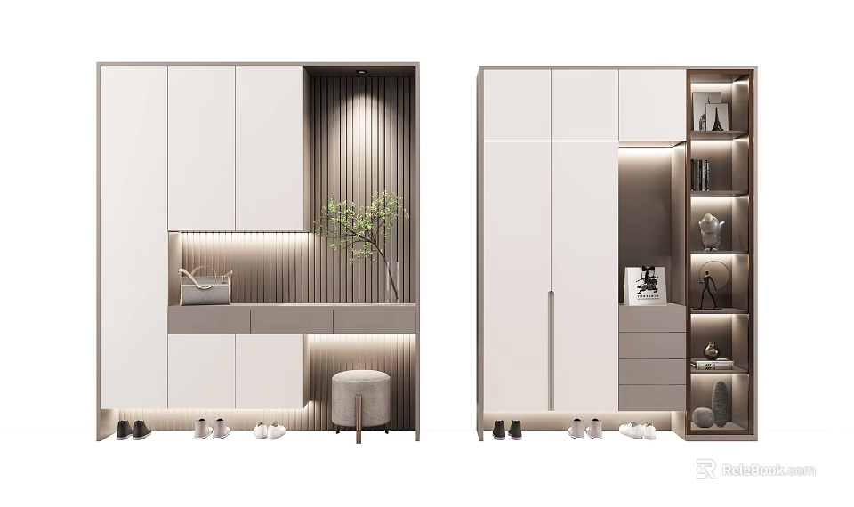 Minimalist White Shoe Cabinet Design With Storage Drawers Open Shelves And Lighting 3d model 