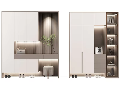 Minimalist White Shoe Cabinet Design With Storage Drawers Open Shelves And Lighting 3d model