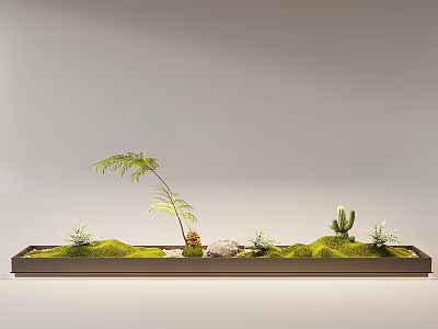 Indoor Landscape With Long Rectangular Container Green Moss Small Palm Tree Cacti And Stones 3d model