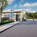 TDK Office Building Exterior With Modern Architecture And Landscaped Entrance Area