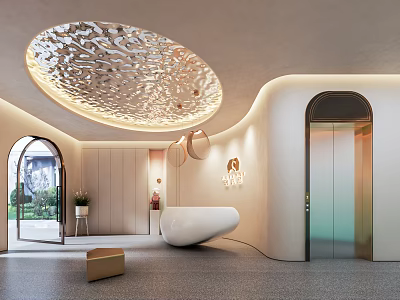 Elegant Modern Beauty Hair Salon Interior With Circular Ceiling Curved Walls And Reception Desk 3d model
