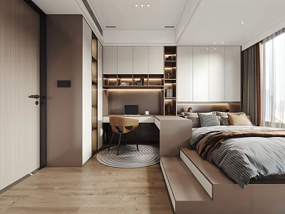 Modern Tatami Bedroom Design With Writing Desk Bookshelf And Natural Light 3d model