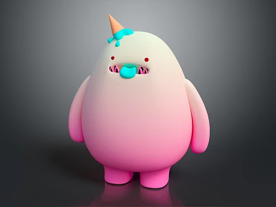 Cute Pink Round Game Character With Orange Cone Blue Drizzle And Red Eyes Details 3d model