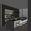 Modern Open Restaurant Interior With Island Counter Dining Chairs And Pendant Lights