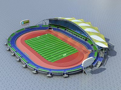 Football Stadium With Green Pitch Red Running Track and Yellow Roof Stands 3d model
