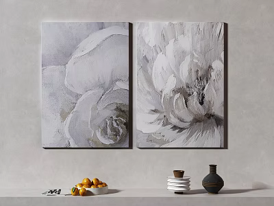 Two Gray White Floral Paintings On Wall With Decorative Shelf Fruits Plates And Vase 3d model