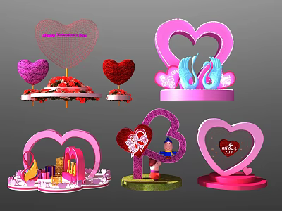 Romantic Heart Shaped Decorations With Swans Roses And Gift Boxes 3d model