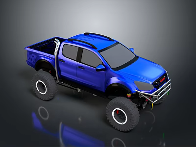 Blue Modified Off Road Pickup Truck With Large Tires Roof Rack And Front Bumper 3d model