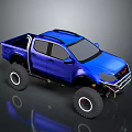 Blue Modified Off Road Pickup Truck With Large Tires Roof Rack And Front Bumper