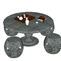 Stone Round Table with Stools Set Featuring Tray Vase Teacups and Books 3d model