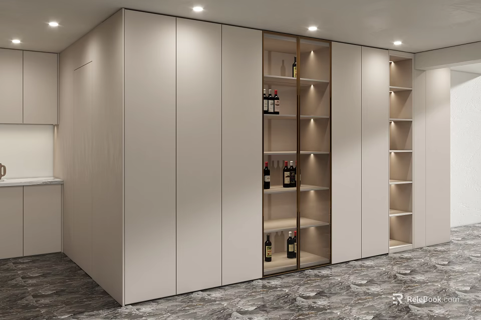 Modern Light Colored Decorative Cabinet With Shelves And Wine Bottles In Interior Space 3d model 