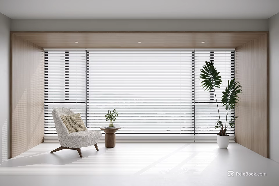 Stylish Venetian Blinds in Bright Room with Large Windows Wooden Walls White Floor and Green Plants 3d model 