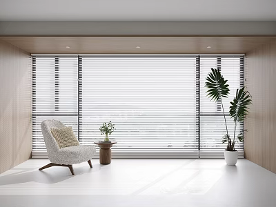 Stylish Venetian Blinds in Bright Room with Large Windows Wooden Walls White Floor and Green Plants 3d model