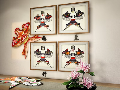 Traditional Kite Photo Wall with Four Framed Artworks Red Decoration and Pink Flowers 3d model