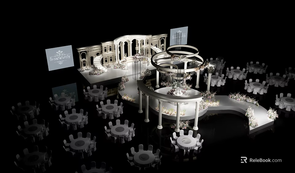 Elegant White Wedding Stage With Circular Design Columns And Floral Decorations 3d model 