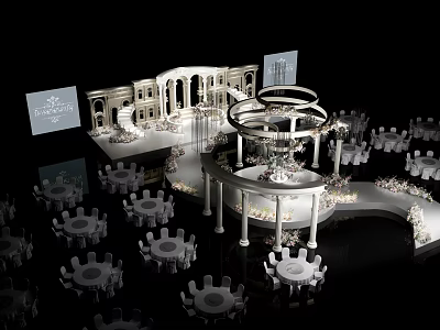 Elegant White Wedding Stage With Circular Design Columns And Floral Decorations 3d model