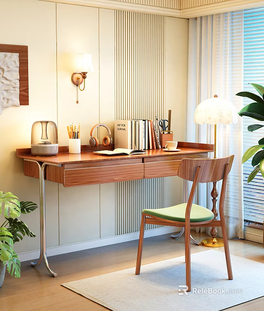 Cozy Study Room Interior With Wooden Desk Table Lamp Books Plants And Green Cushion Chair 3d model 
