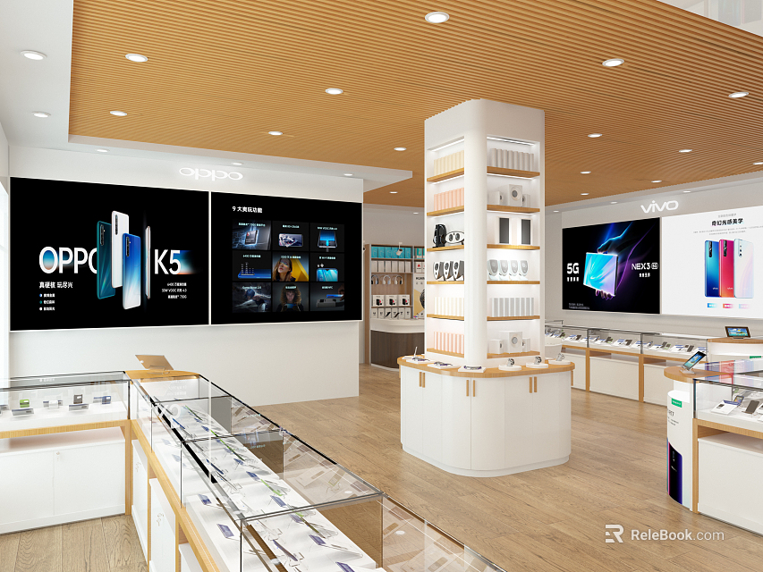 Digital Store Interior With OPPO K15 Mobile Displays Large Screen Ads Glass Cases And Shelves 3d model 
