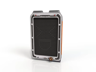 Sturdy Metal Framed Equipment Enclosure With Perforated Grid Panel And Orange Accents 3d model