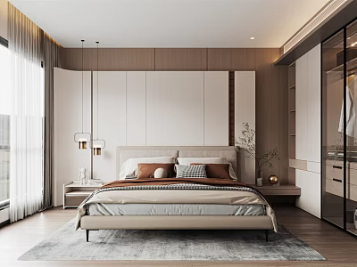 Modern Bedroom Interior With Neutral Tones Bedside Tables Lighting And Wardrobe 3d model
