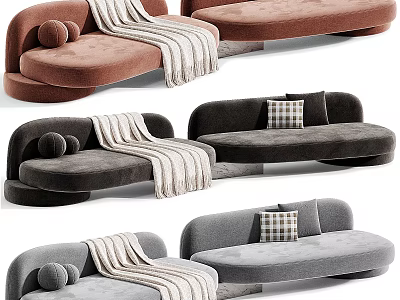 Modern Curved Sofa and Coffee Table Set with Pillows and Blankets in Various Colors 3d model