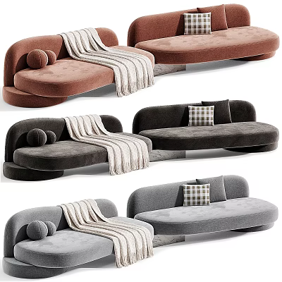 Modern Curved Sofa and Coffee Table Set with Pillows and Blankets in Various Colors 3d model