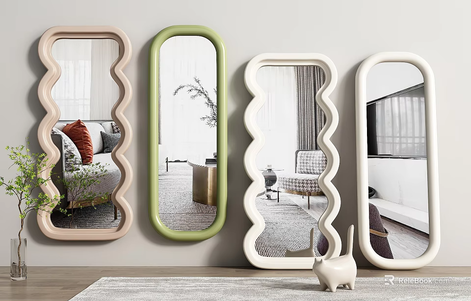 Colorful Wall Mounted Mirrors With Different Shapes Reflecting Living Space 3d model 
