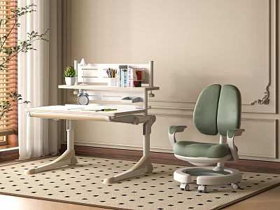 Kids Study Desk with Bookshelf Books Stationery and Green Chair in Room 3d model