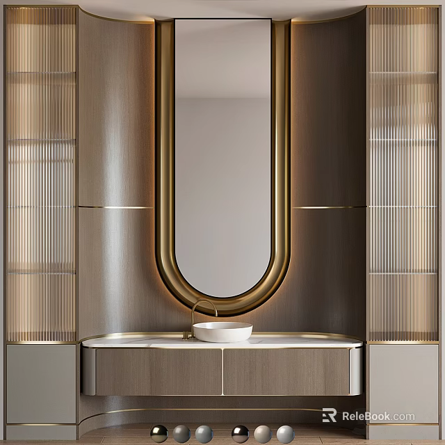 Modern Elegant Bathroom Vanity Cabinet With Oval Gold Frame Mirror And White Basin 3d model 