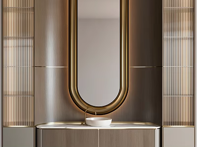 Modern Elegant Bathroom Vanity Cabinet With Oval Gold Frame Mirror And White Basin 3d model