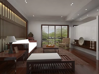 Traditional Chinese Style Living Room With Elegant Solid Wood Furniture And Large Outdoor View Window 3d model