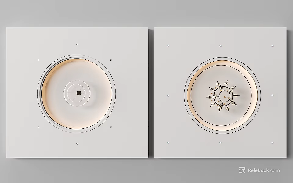 Modern White Ceiling Design With Circular Lighting Fixture And Decorative Sun Pattern 3d model 